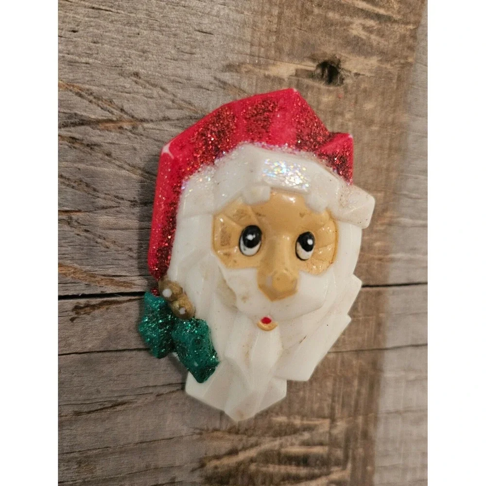 Vintage Santa Claus Face Christmas Holiday‎ Brooch Pin Red Glittery Hat